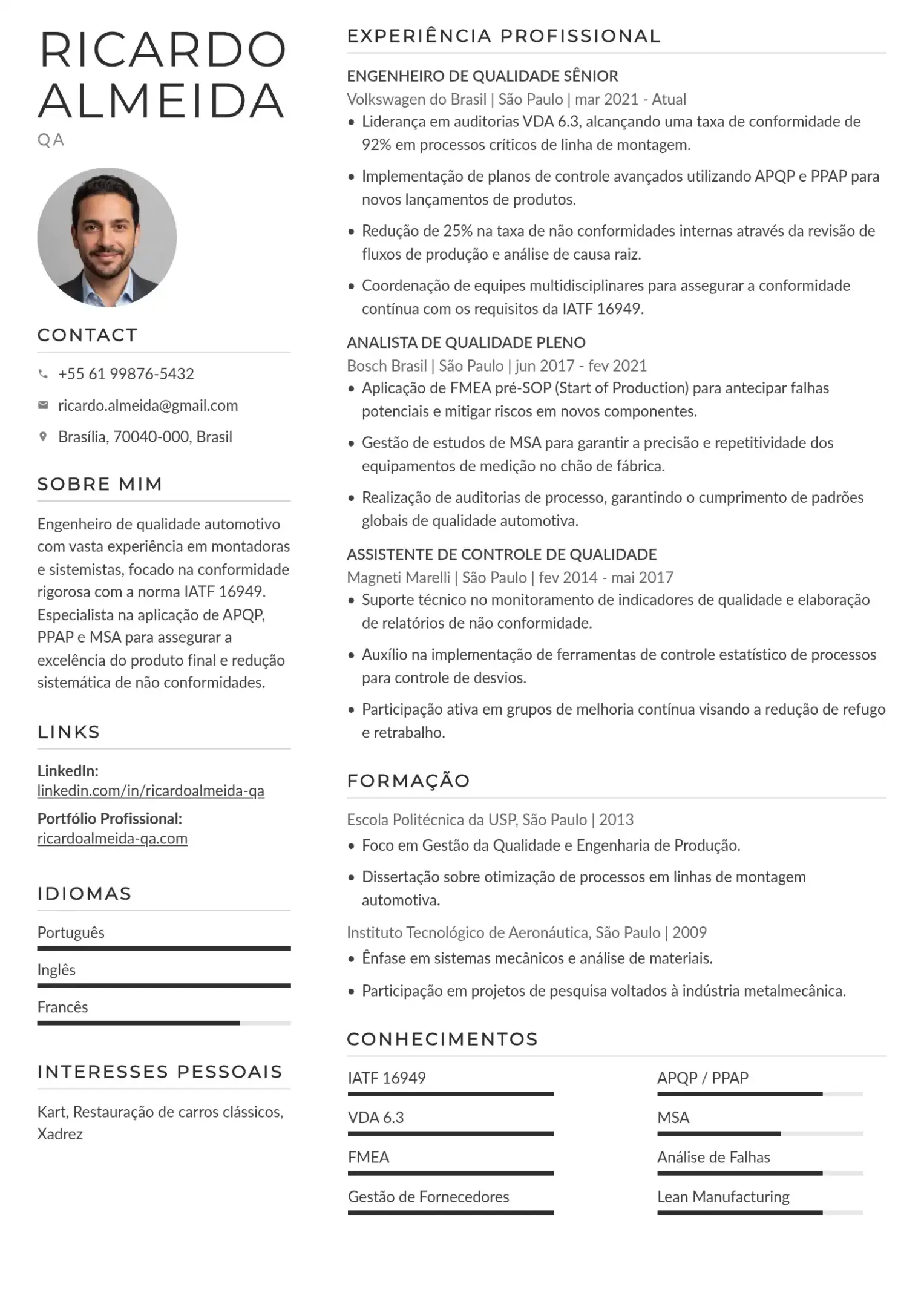 Modelo de currículo de engenheiro de qualidade de software (QA)