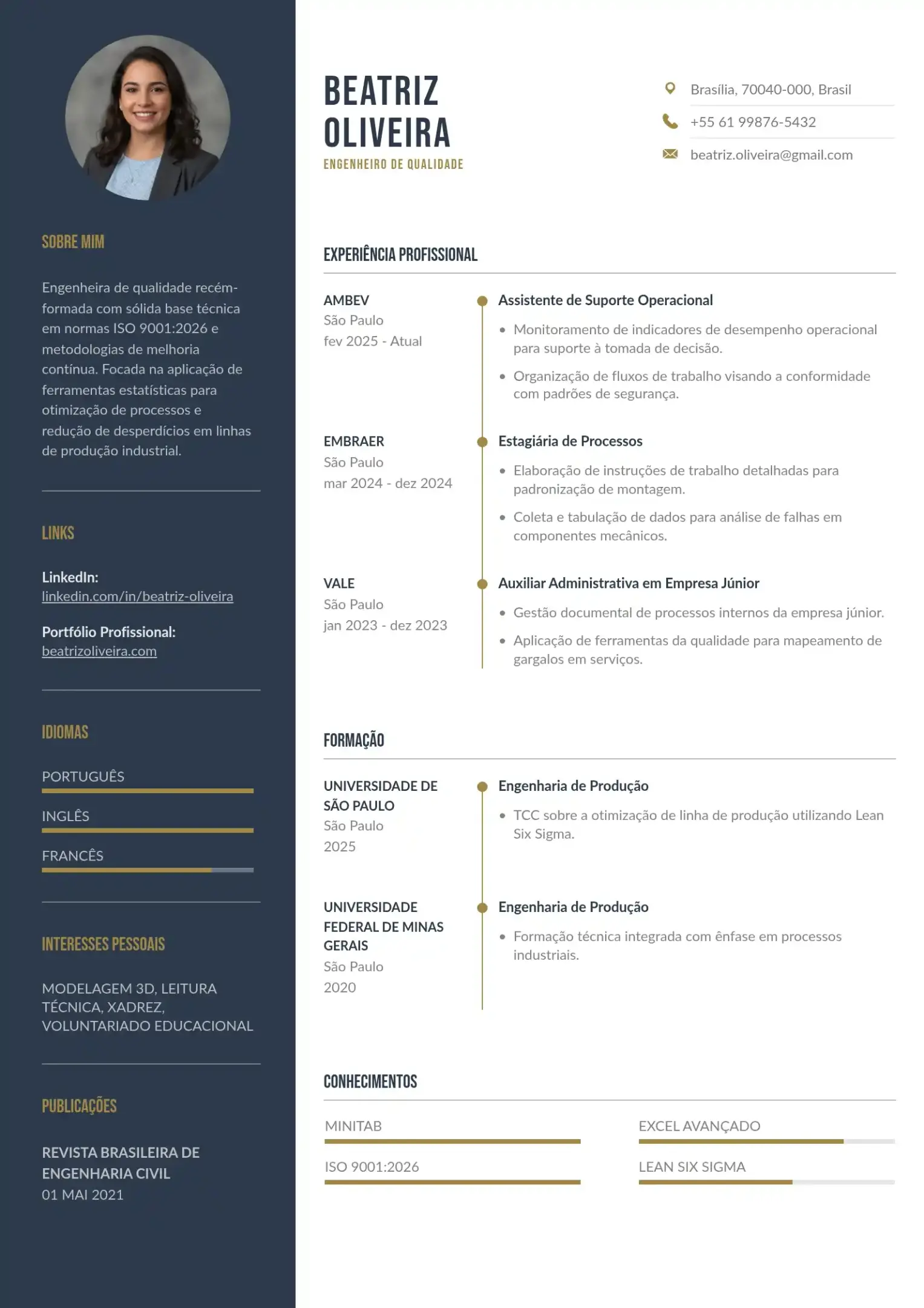Exemplo de CV para engenheiro de qualidade sem experiência na área