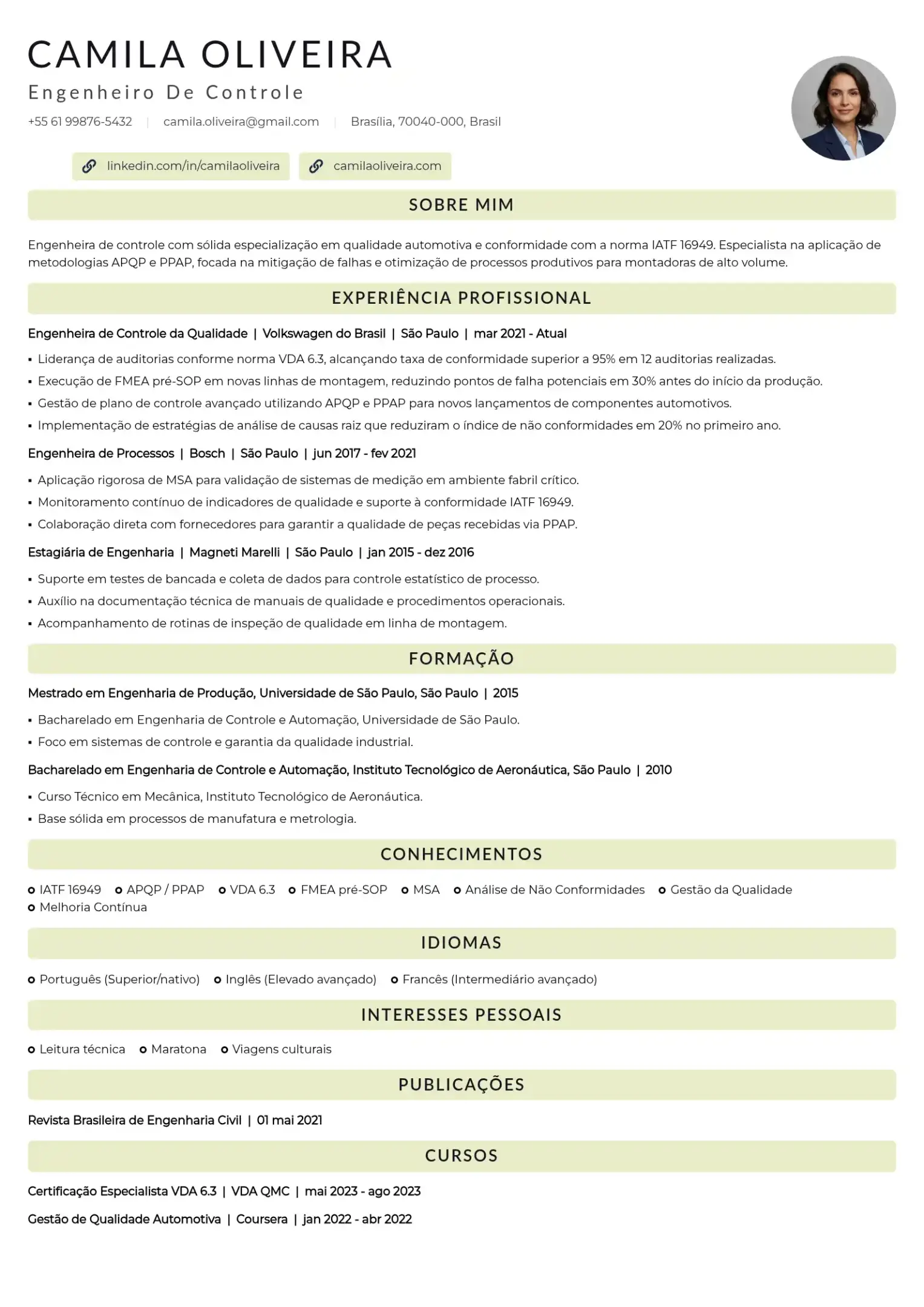 Exemplo de CV de engenheiro da qualidade automotivo