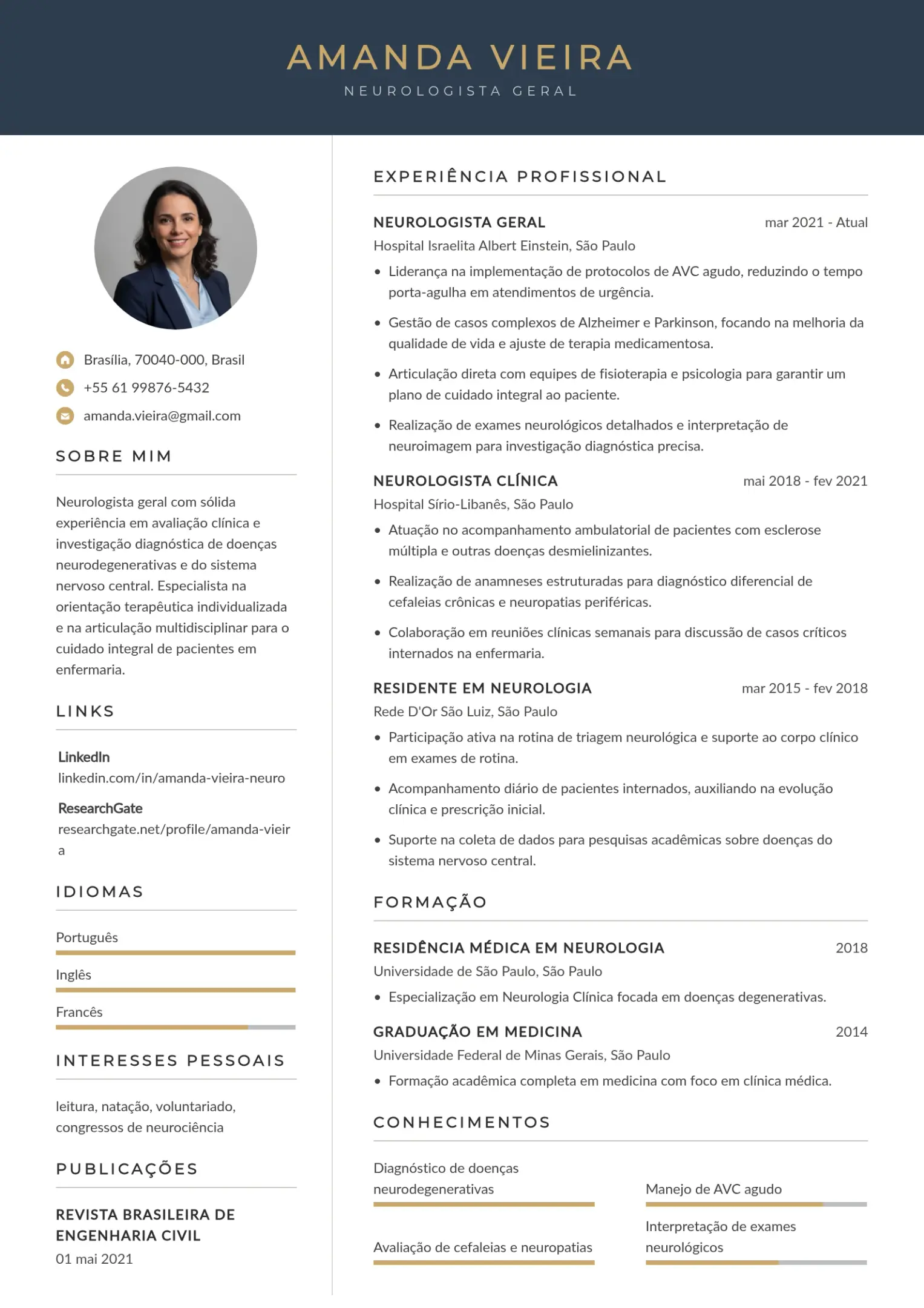 Modelo de currículo de neurologista geral