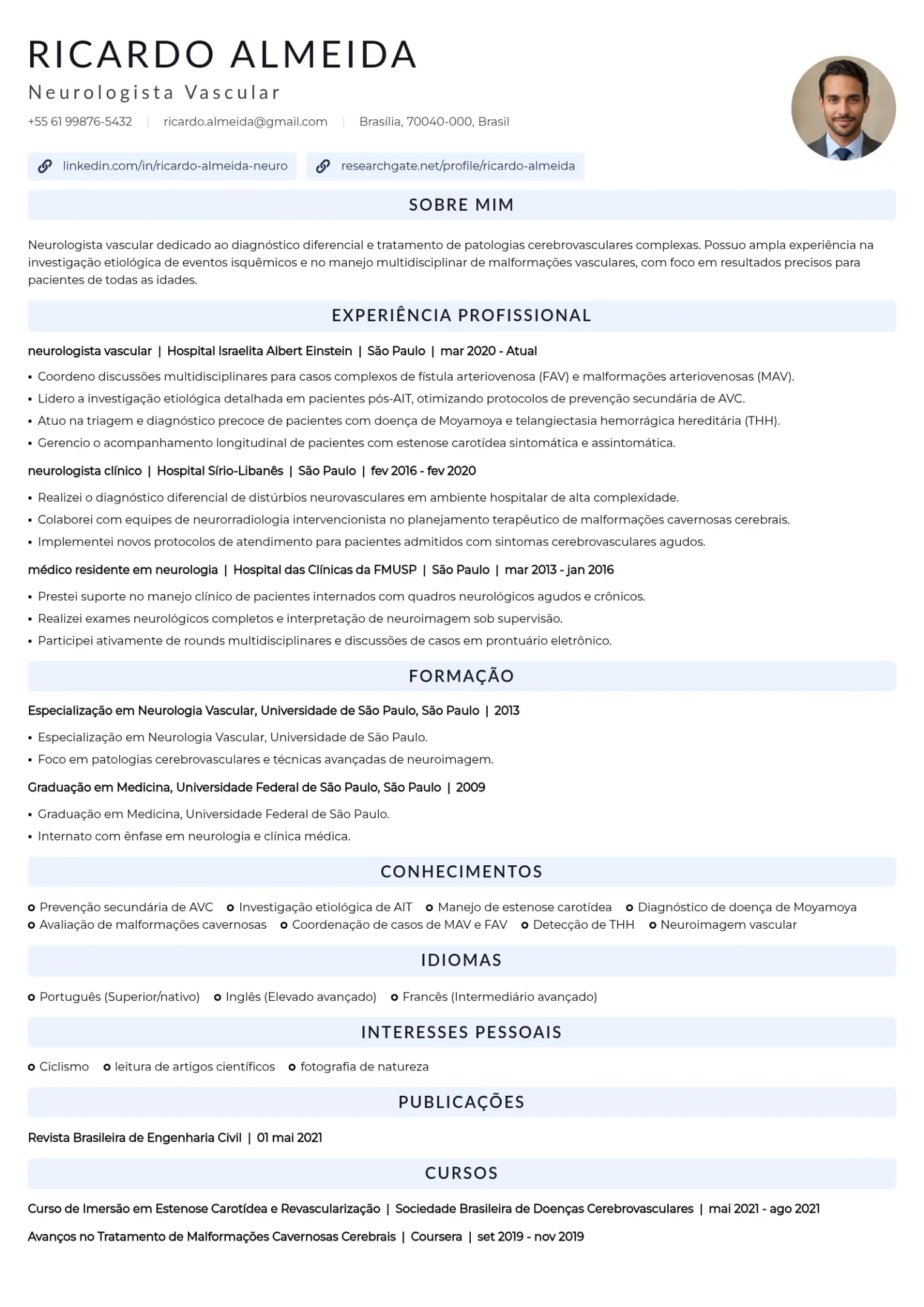 Modelo de currículo de neurologista vascular (doenças cerebrovasculares)