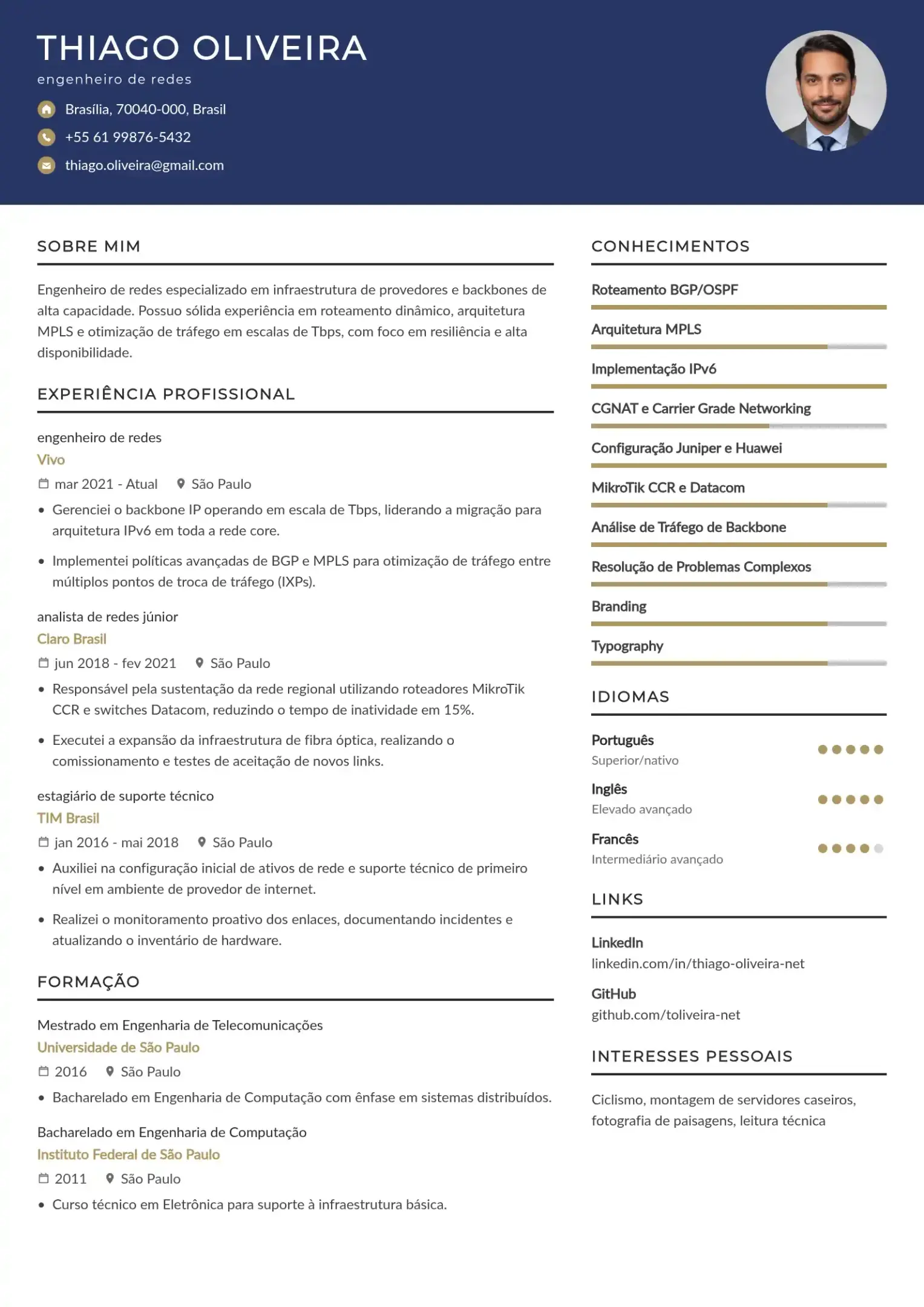 Exemplo de CV de engenheiro de redes de provedores de internet e telecomunicações