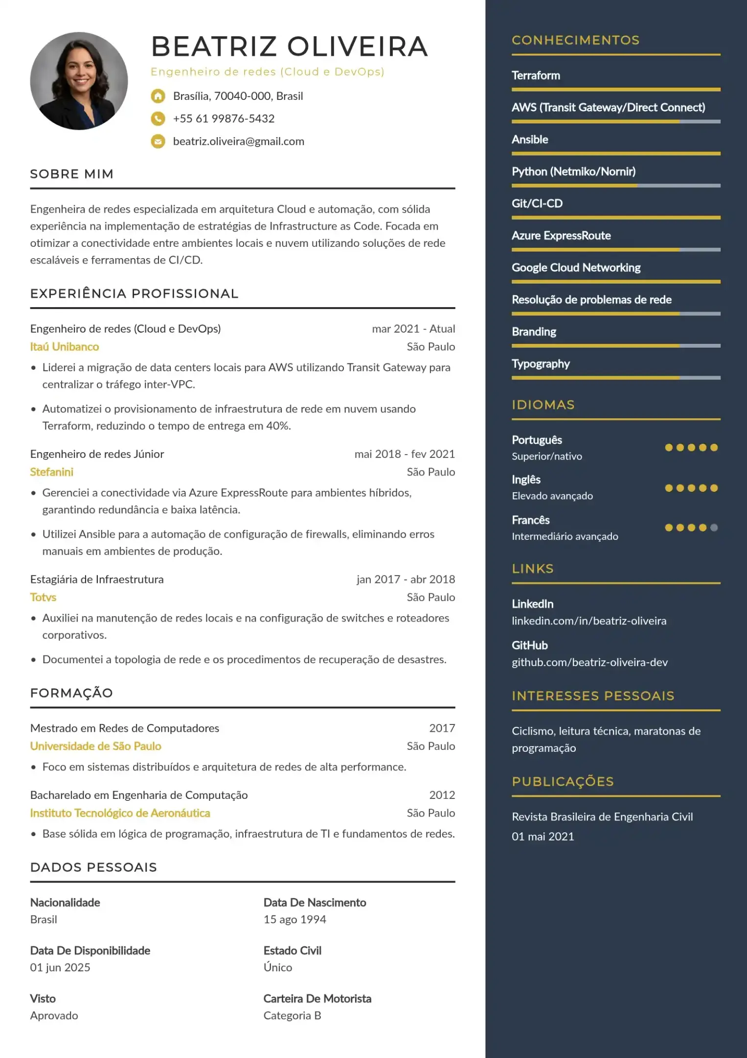 Exemplo de currículo de engenheiro de redes para Cloud e DevOps