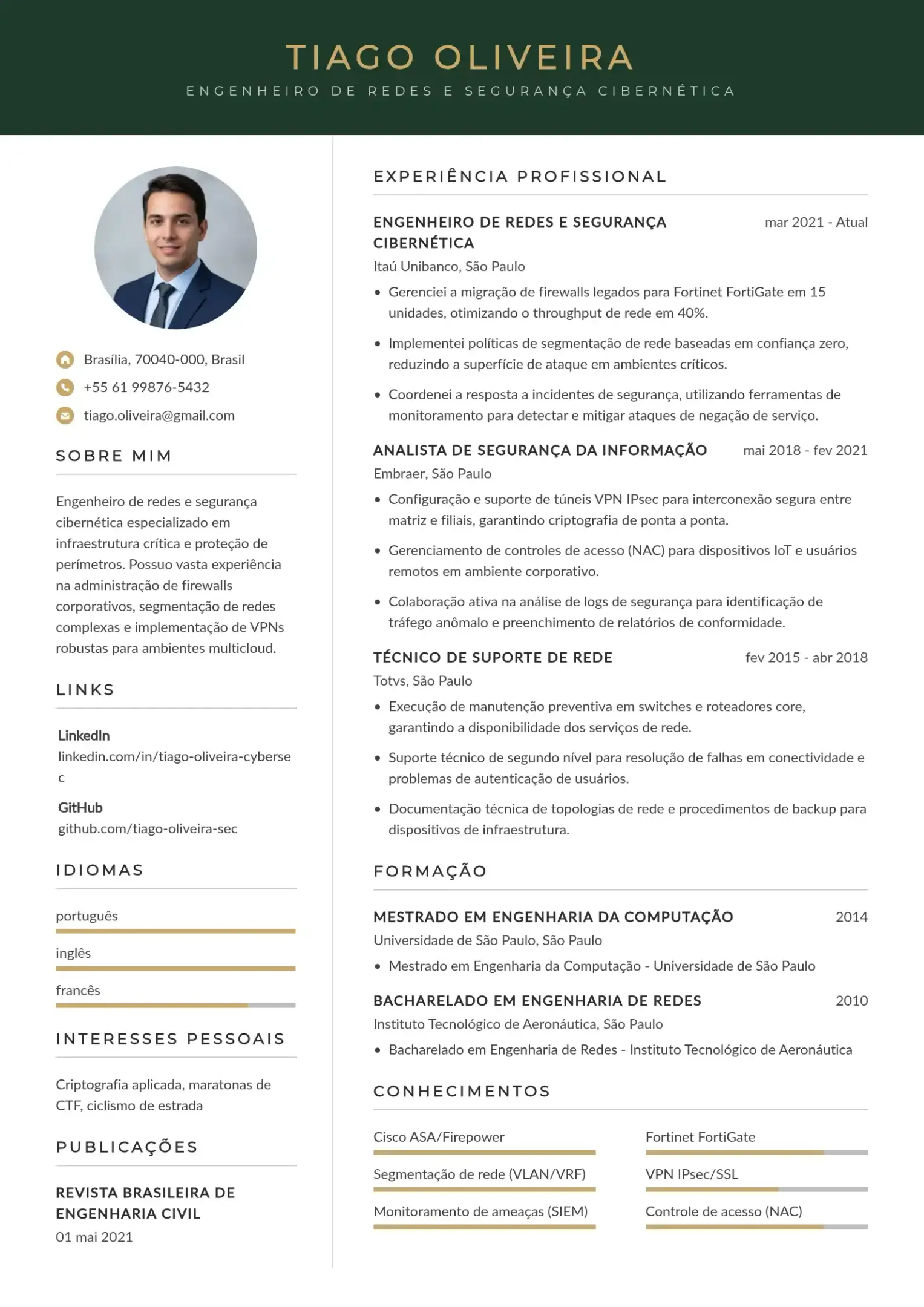 Exemplo de CV de engenheiro de redes e segurança cibernética