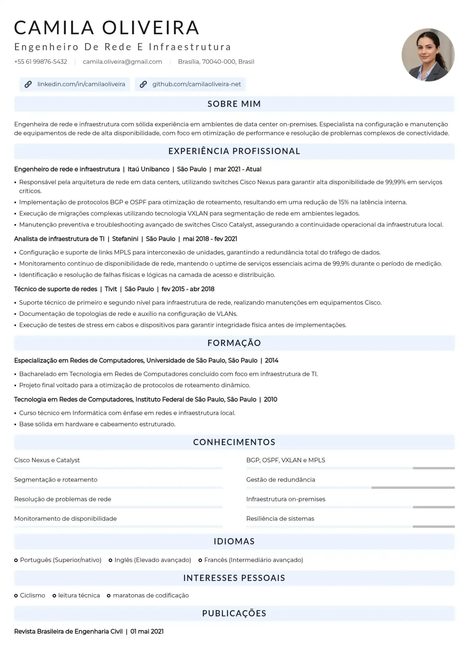 Exemplo de currículo de engenheiro de rede e infraestrutura