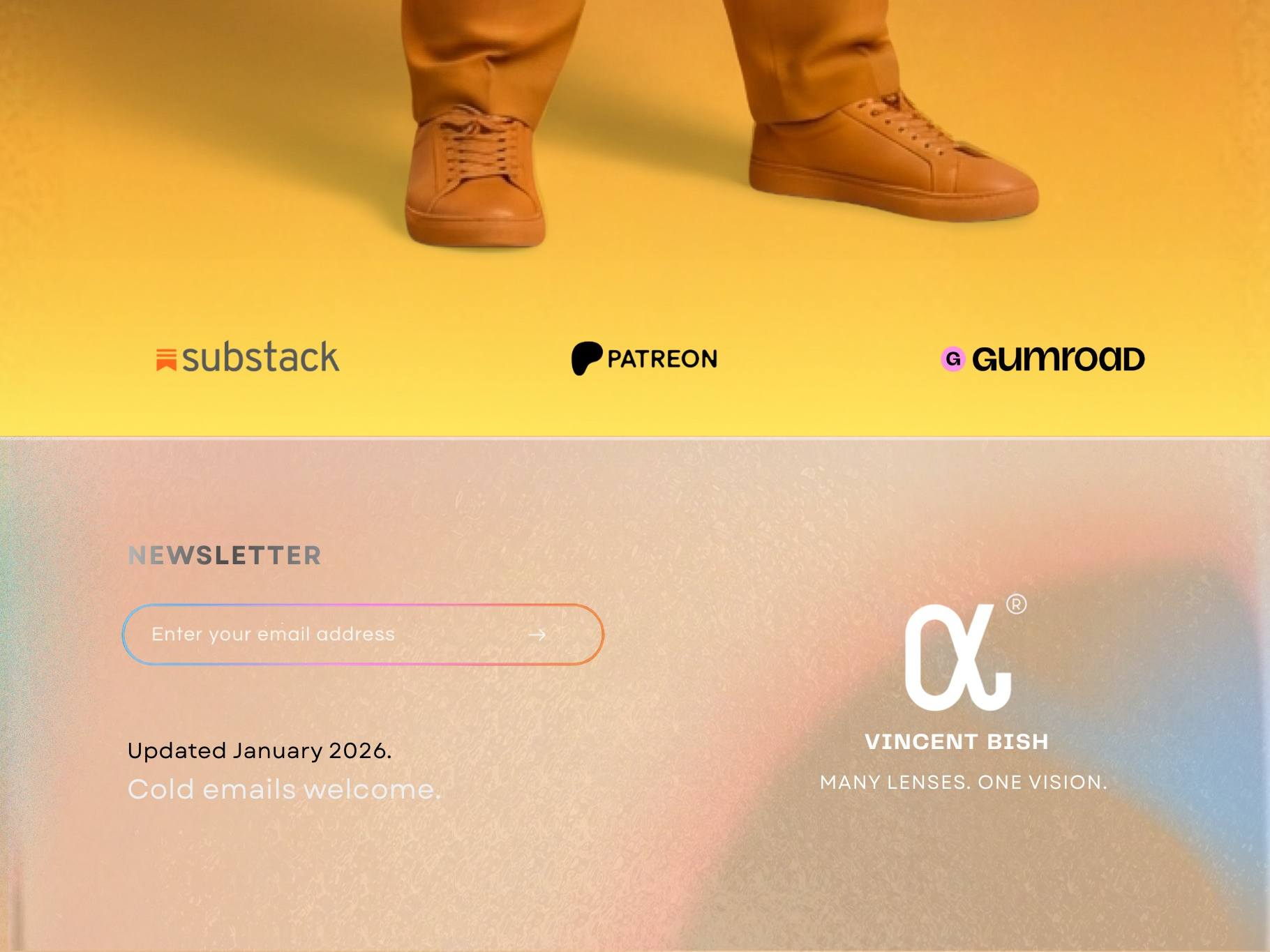 Lower portion of the same portrait showing the person’s legs and shoes. The person is standing with feet slightly apart, wearing mustard-colored low-top shoes with visible laces. The orange textured background continues uninterrupted. Small navigation labels appear vertically along the left side reading “Main,” “Advisory,” “Case Studies,” and “Engagements.” Text near the bottom center reads “© 2026 Vincent Bish. All rights reserved.” followed by “Privacy Policy · Terms of Use.”