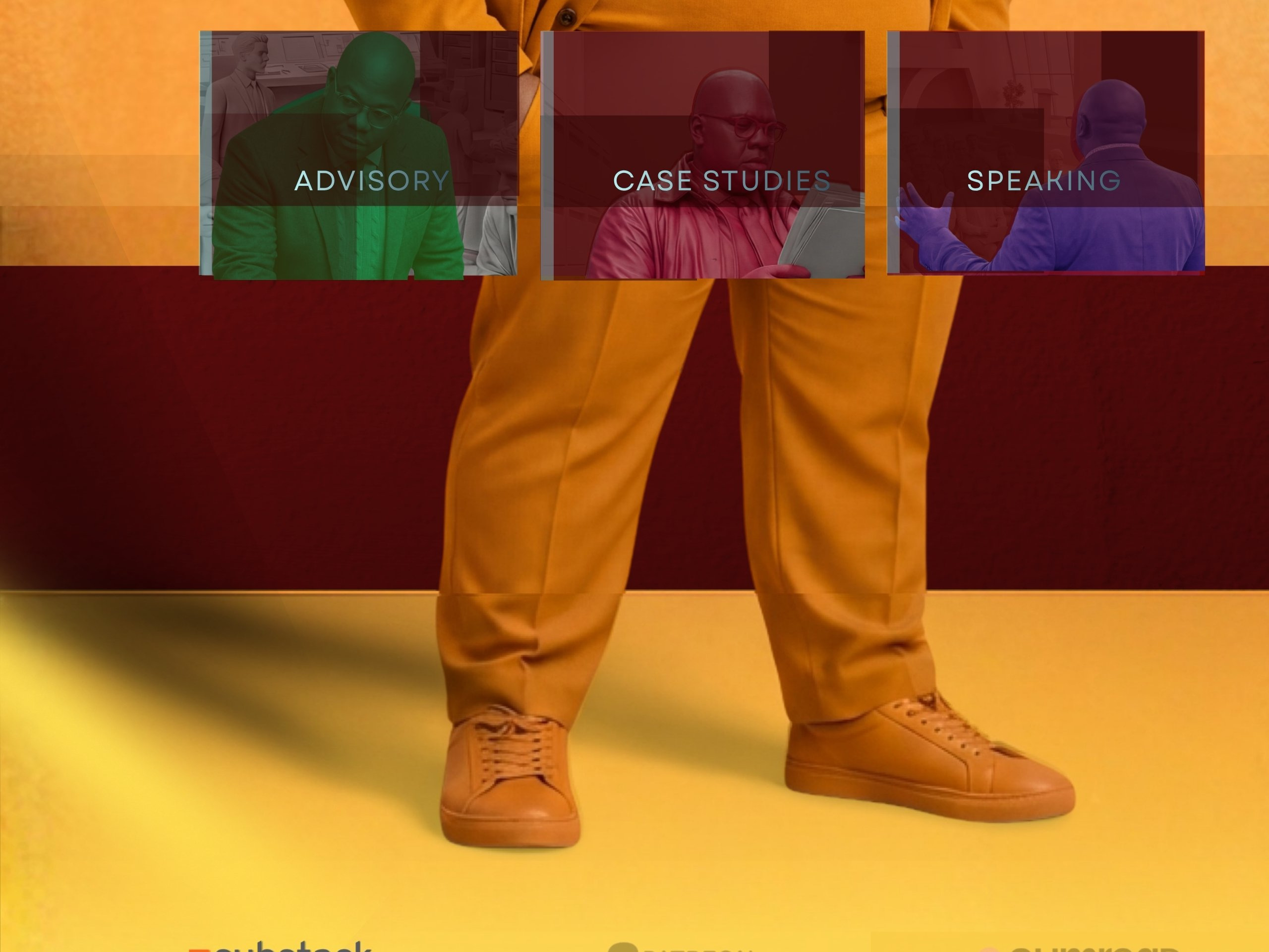 Cropped continuation of the same portrait showing the torso and waist of the person. The person’s hands are placed in the pockets of matching mustard-colored trousers. The jacket and turtleneck continue seamlessly from the image above. The background remains a consistent monochrome orange texture with a thin rectangular border visible near the edges of the frame.