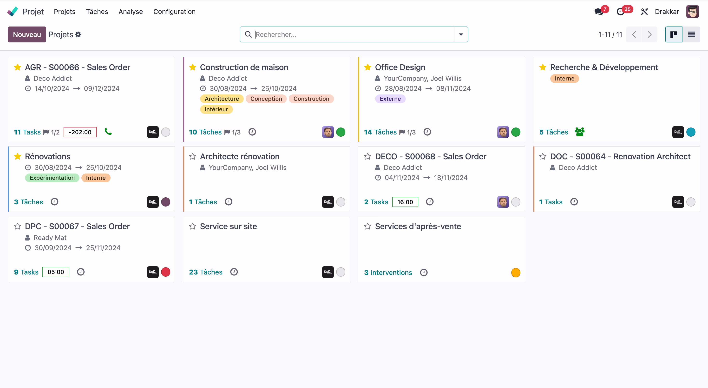 Interface du module projets de Odoo