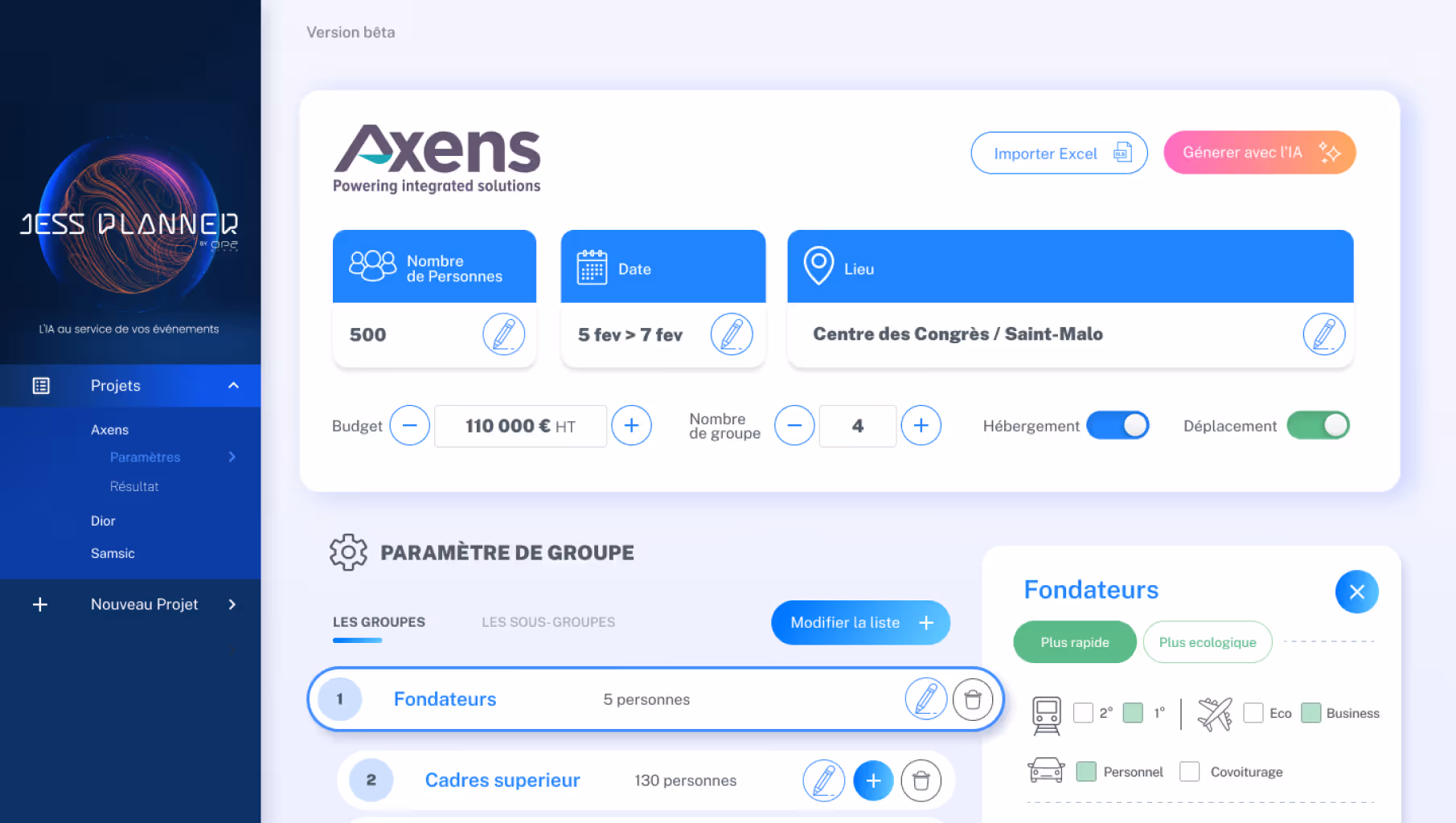 interface de l'application métier Jess Planner