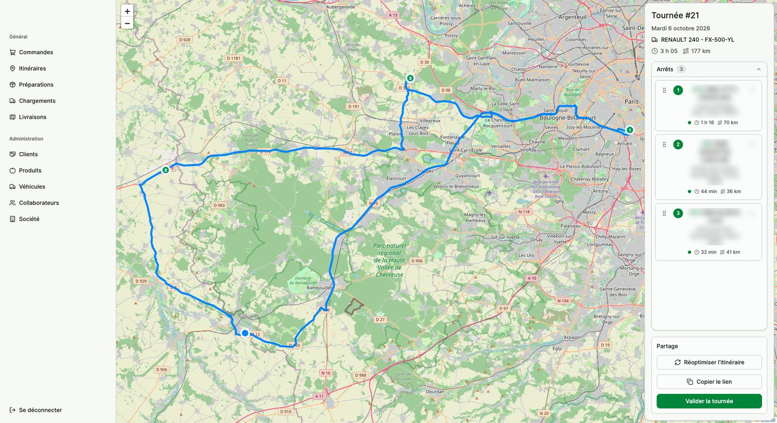 Itinéraire d'une tournée de livraison avec ses trois arrêts sur la carte