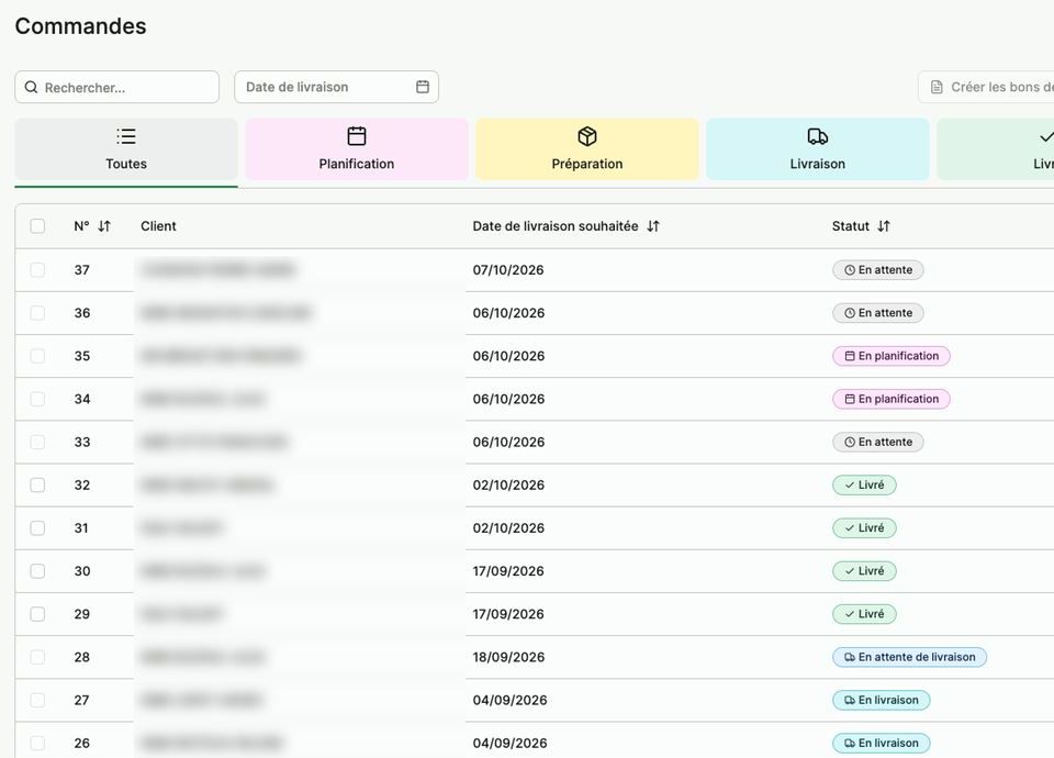 Liste des commandes avec leur statut de livraison
