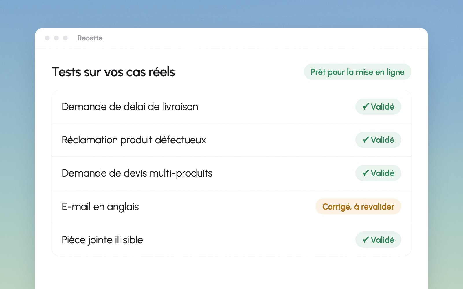 Recette sur des cas réels