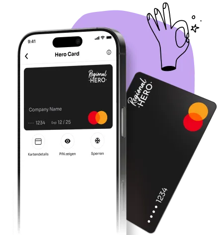 Smartphone screen showing the Regional Hero Card with options to view card details, reveal PIN, or lock the card, alongside a physical black Mastercard and a playful hand illustration.