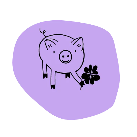 Cute piggy bank holding a four-leaf clover, representing savings and good luck.