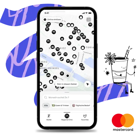 Mobile app interface displaying a map with nearby partner locations for spending benefits, surrounded by abstract purple shapes and a cocktail illustration, highlighting local discovery.