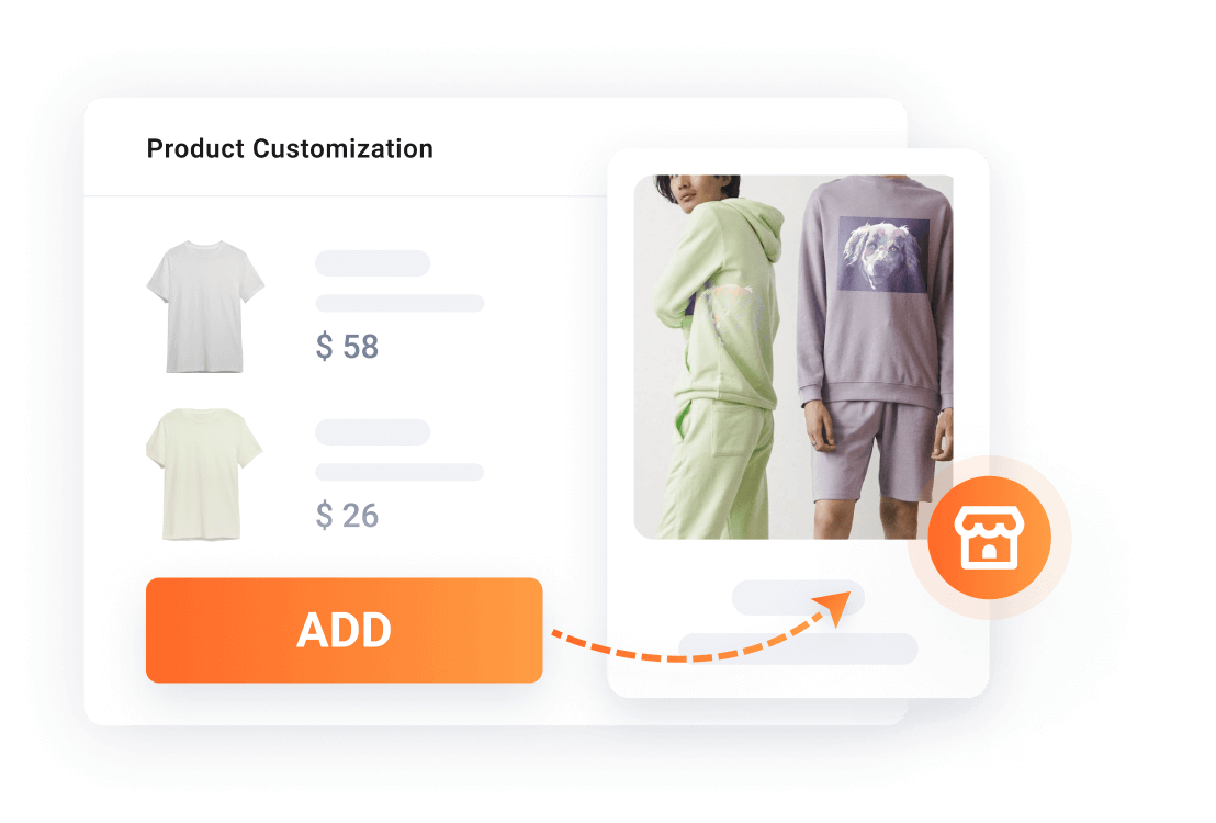 In the left area of the product customization, there is a pink short sleeve and a light yellow short sleeve. After completing the pattern customization, add the selected apparel to the e-commerce store website using the add button.