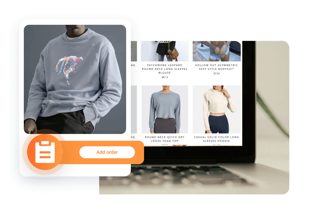 The website's store page shows 5 product display blocks. The carrier will display more details of a gray sweater and an additional order button when the user clicks on the product display page.