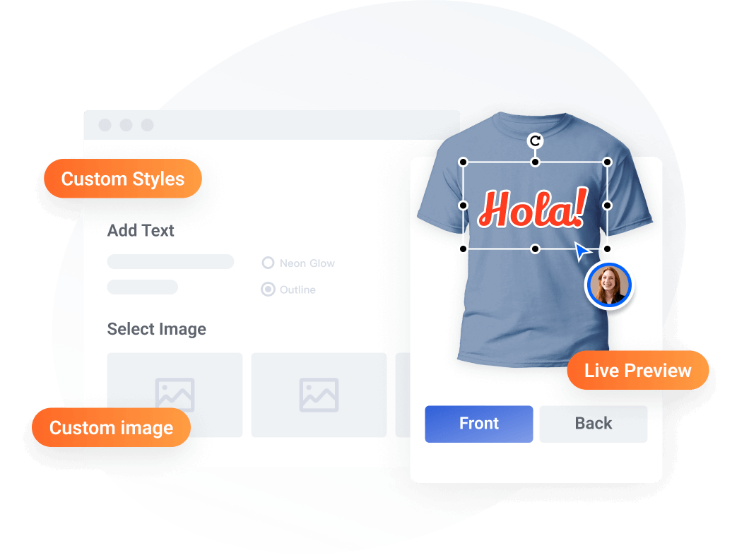 For the store, the product design page has three modules, custom style, custom image, and live preview. The Hola font on the light blue short sleeve is being modified on the test design page.