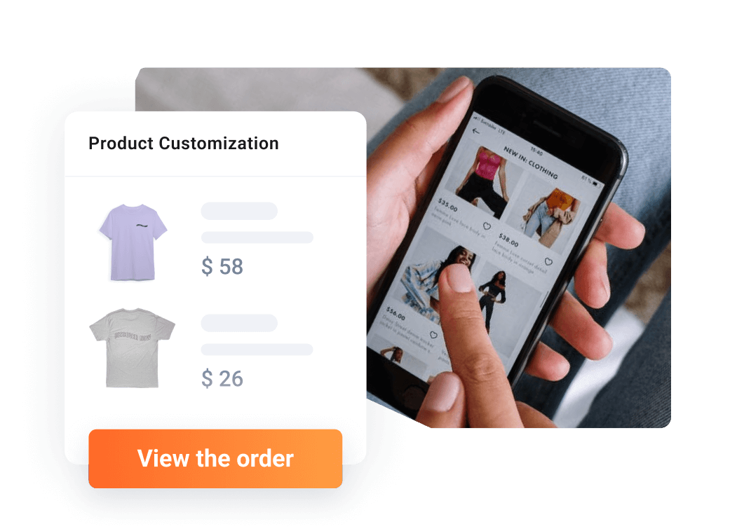 The user uses the cell phone to display four different product blocks. The product customization page is on the left side of the page, and the view order button is in the bottom left corner.