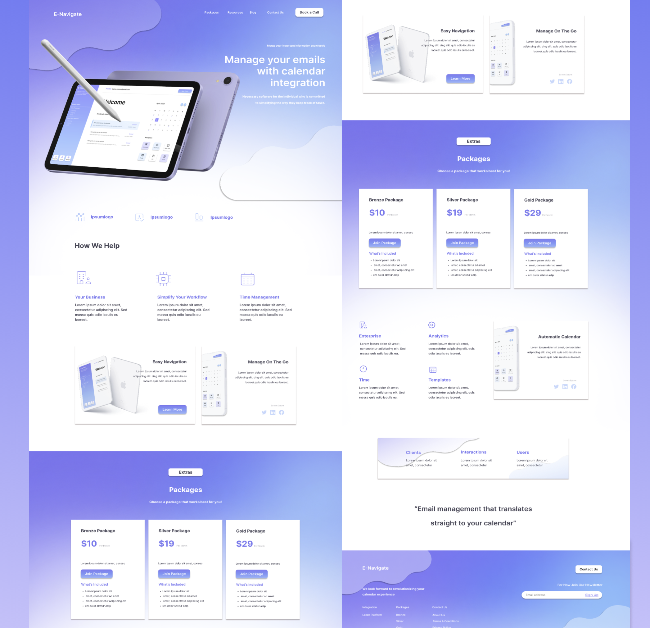 E-Navigate landing page design, purple blue gradient, email calendar integration