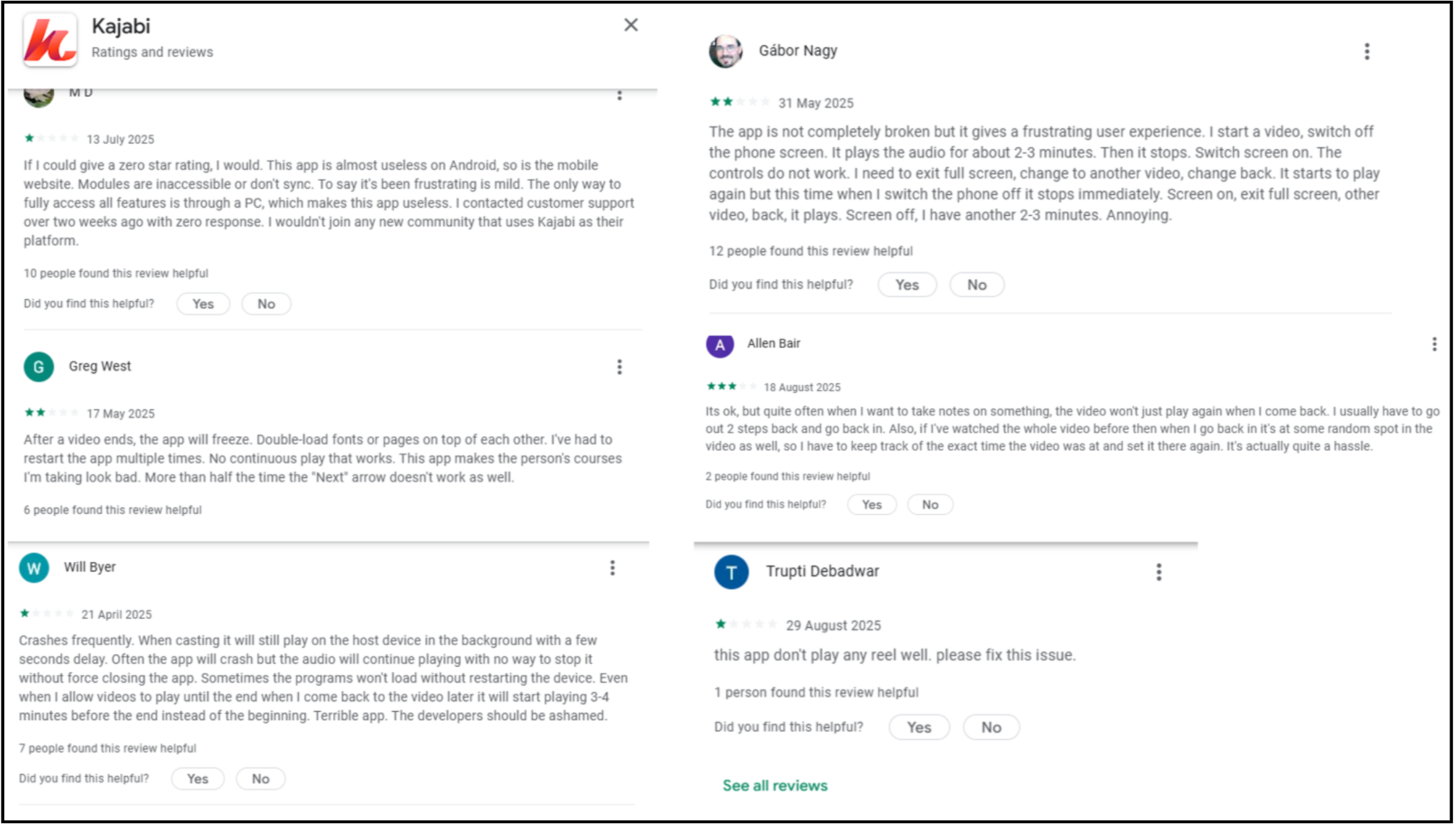 Google store reviews in 2025 of Kajabi app’s video experience detailing crashes, poor mobile expereince, video startup failures and poor video-related user expereinces