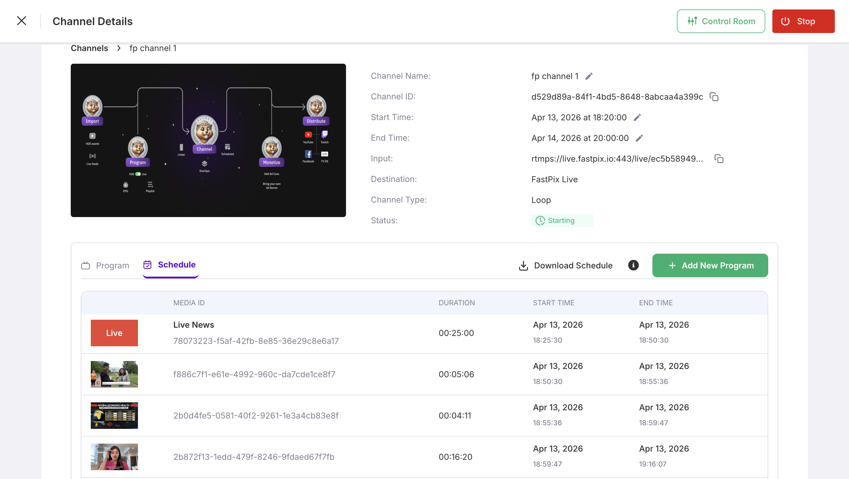 Sceduling program in fastpix cloud playout