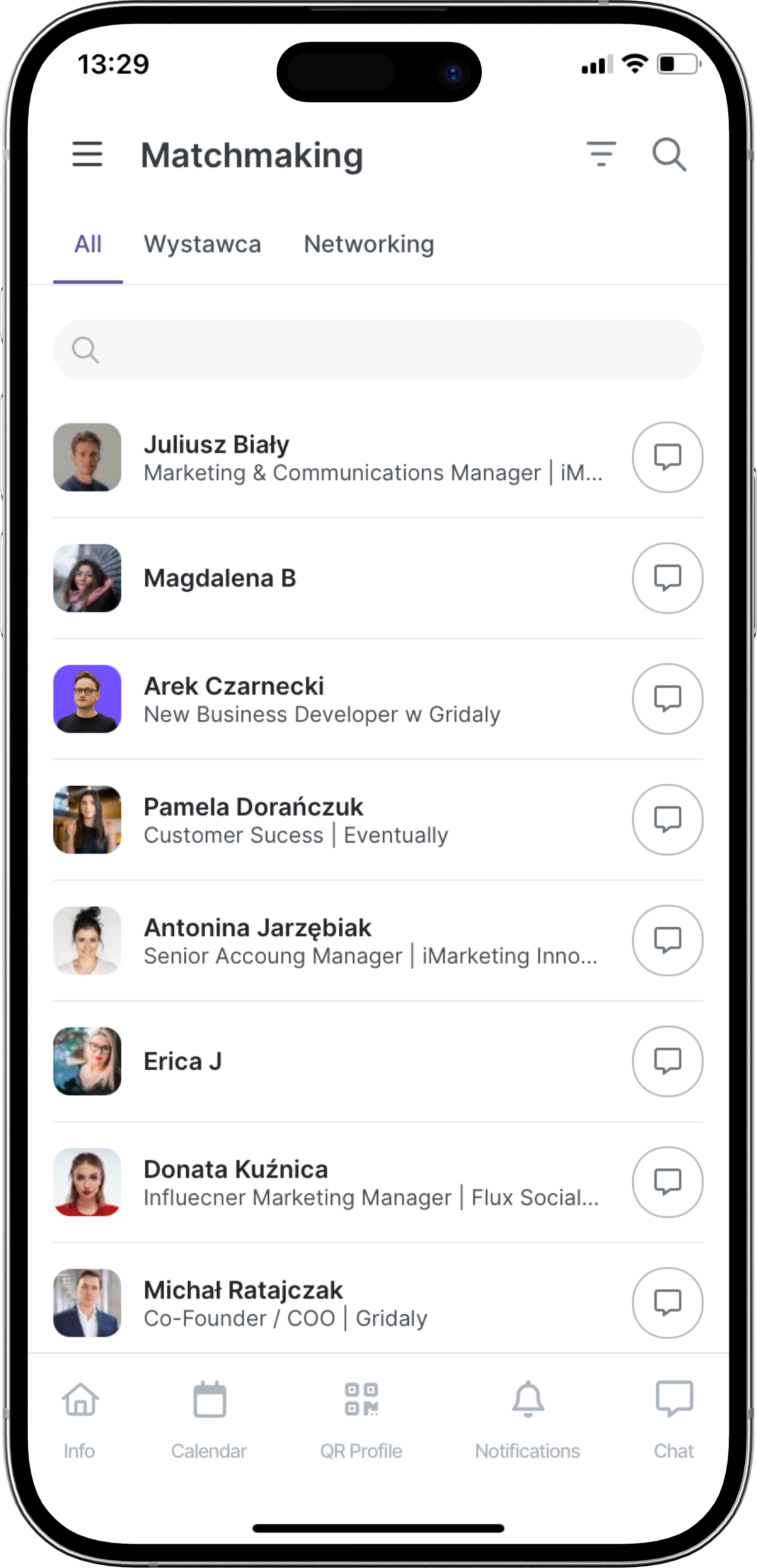 Networking i matchmaking w aplikacji eventowej Gridaly, które pozwalają przeglądać listę uczestników wydarzenia i szybko umawiać spotkania 1:1.