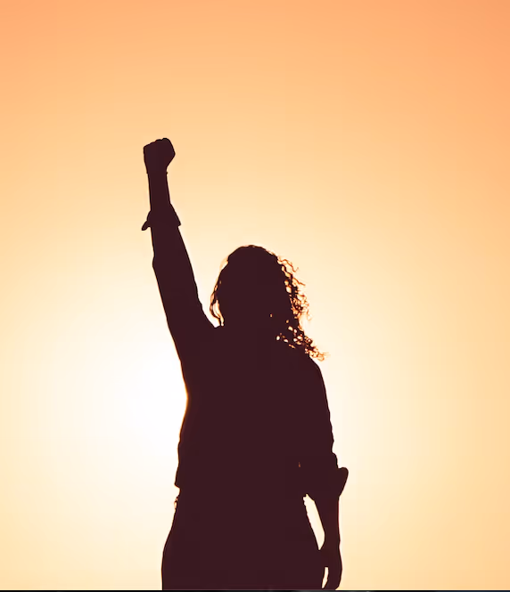 Silhouette einer Person mit erhobenem Faust vor einem orangefarbenen Himmel bei Sonnenuntergang.