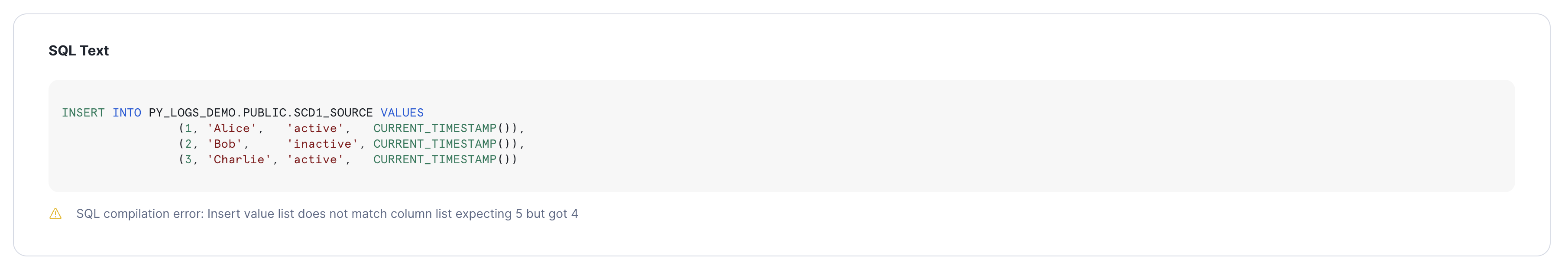 Failed INSERT SQL text and error message
