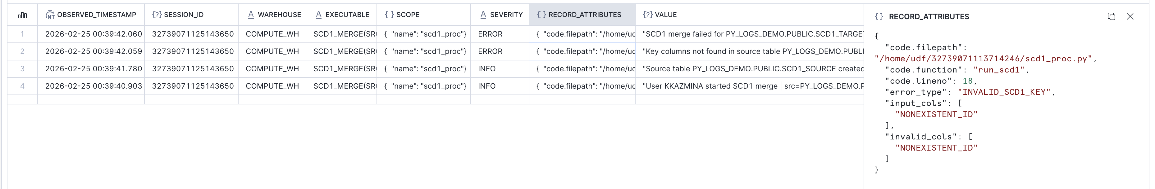 Event table showing logged error after failed SCD1_MERGE call