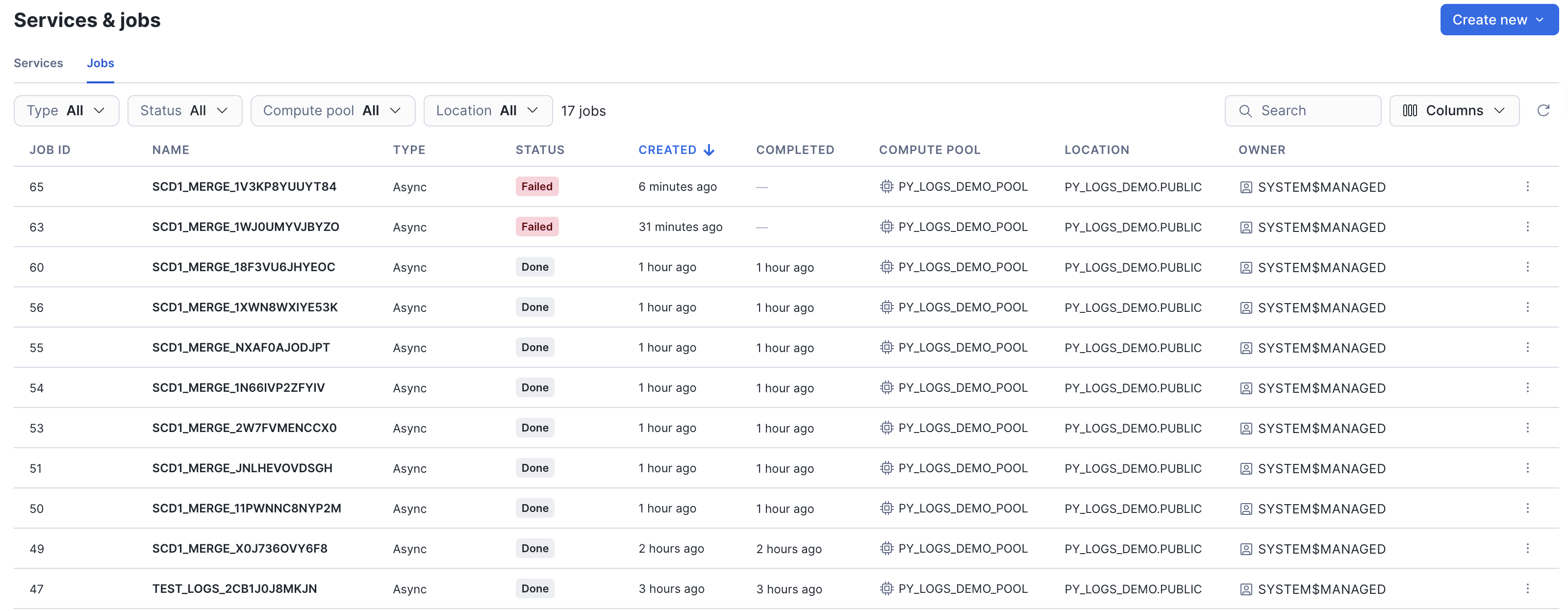 Jobs monitoring UI with run statuses