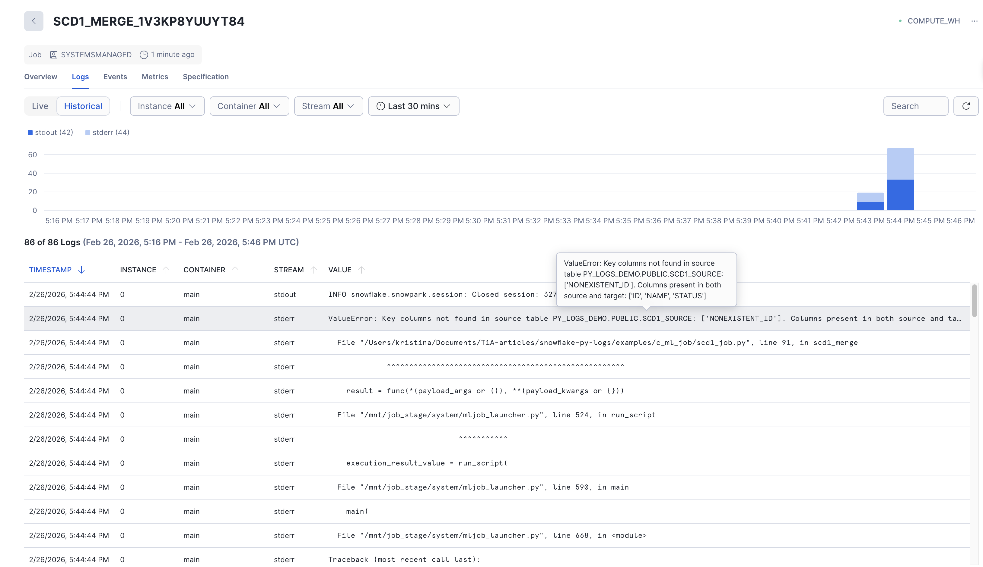 Jobs monitoring UI for failed SCD1_MERGE execution