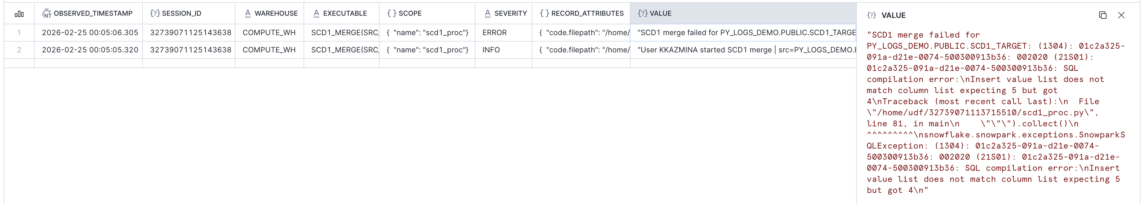 Event table showing logged error after failed SCD1_MERGE call