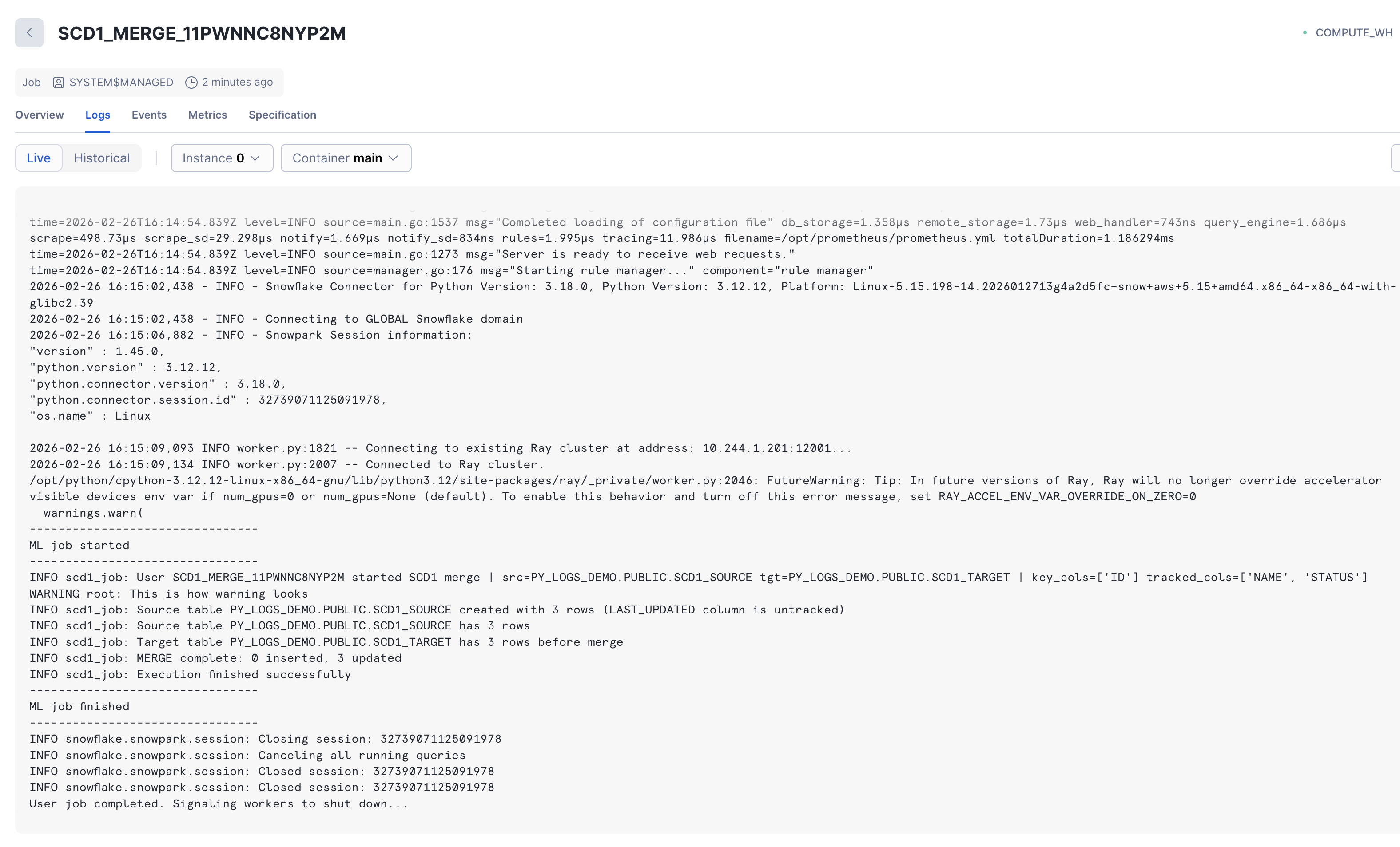 Jobs monitoring UI for successful SCD1_MERGE execution
