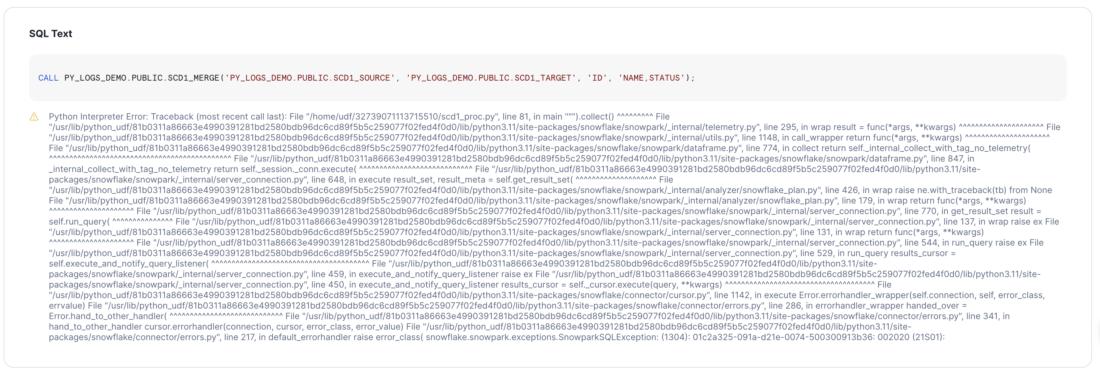 Query History: failed CALL