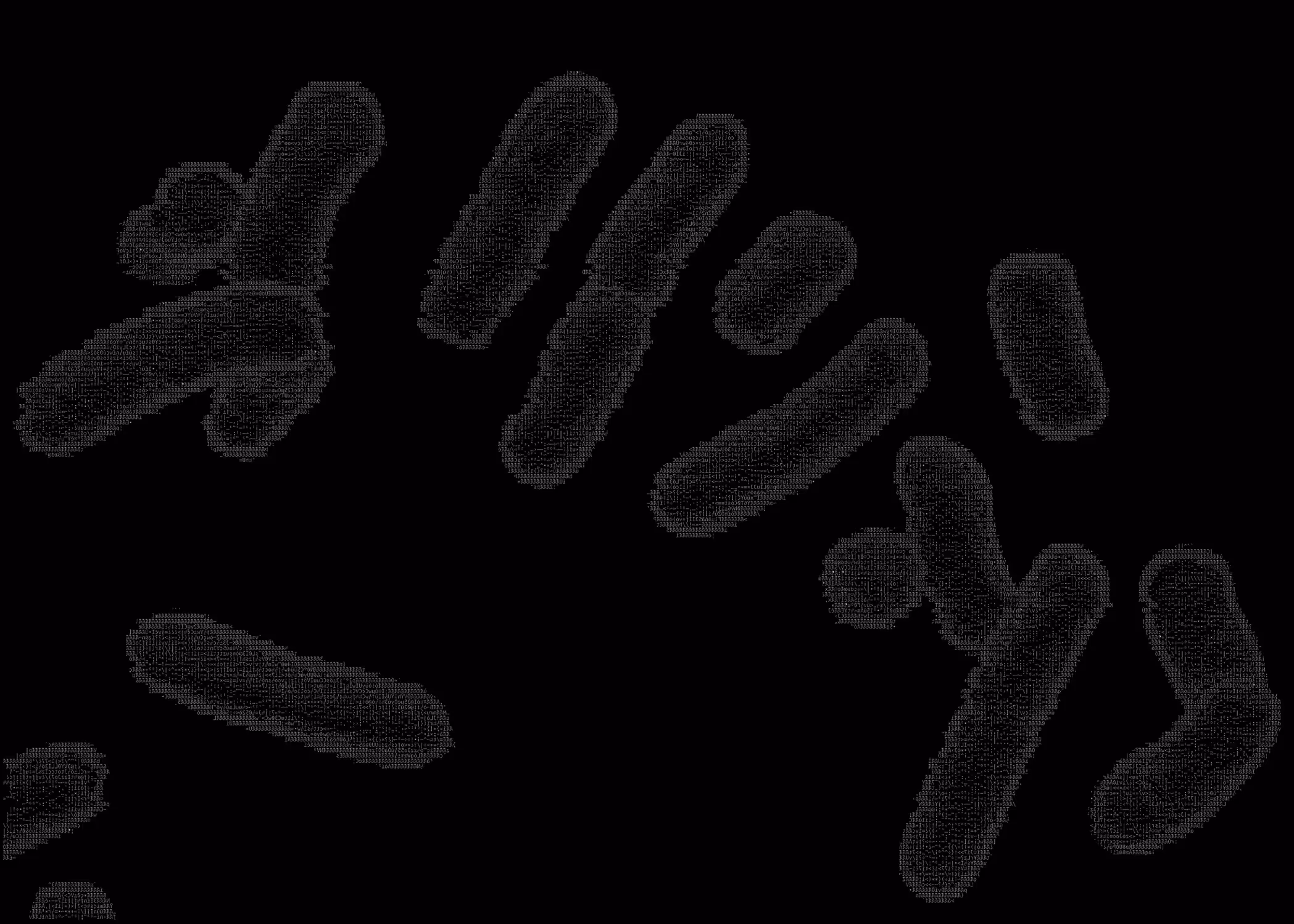 Black background with multiple bacteria shapes composed of tiny white ASCII code characters.