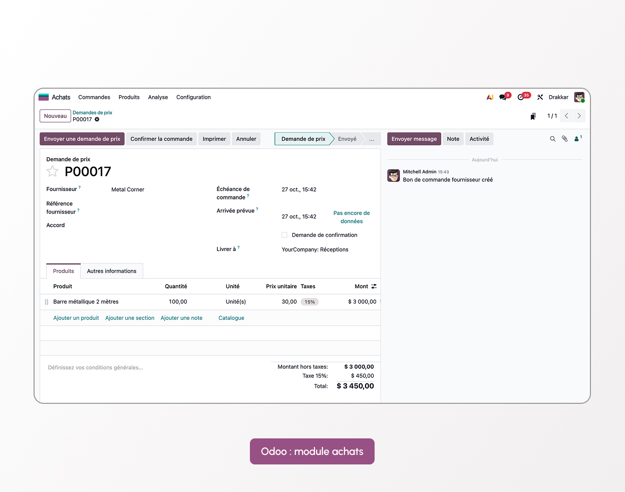 interface module Achats odoo