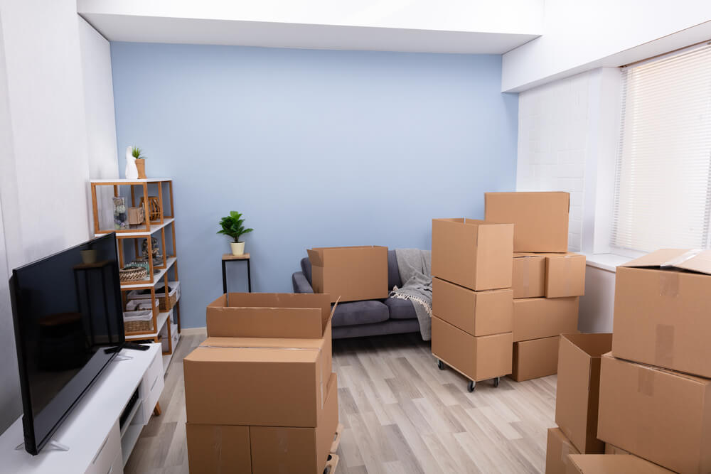 Charlotte NC Movers with a packed up living room.
