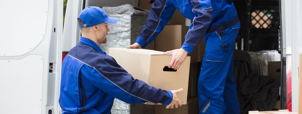 Van Movers Unloading Cardboard Boxes From Delivery Truck