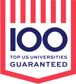 Badge with red and black stripes and text saying '100 Top US Universities Guaranteed'.