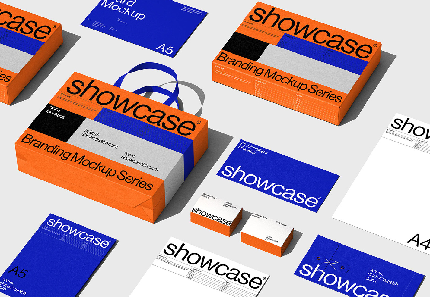An axonometry display of brand stationery mock ups with orange and blue colors