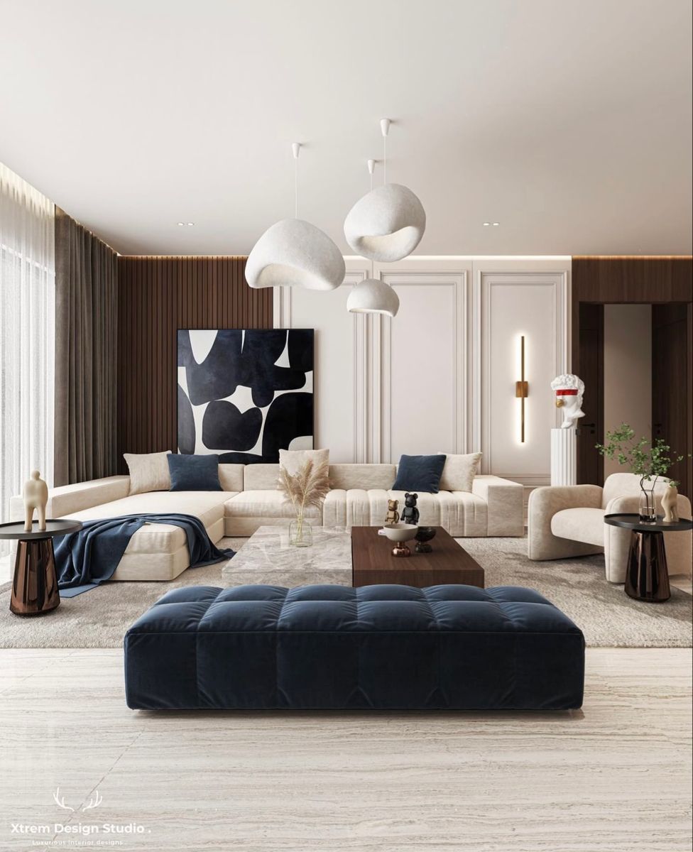 Modern interior design living room with blue and white colors