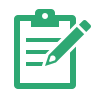 Green icon of a clipboard with a pencil indicating note-taking or editing.