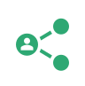 Green share icon with a person symbol connected to two nodes.