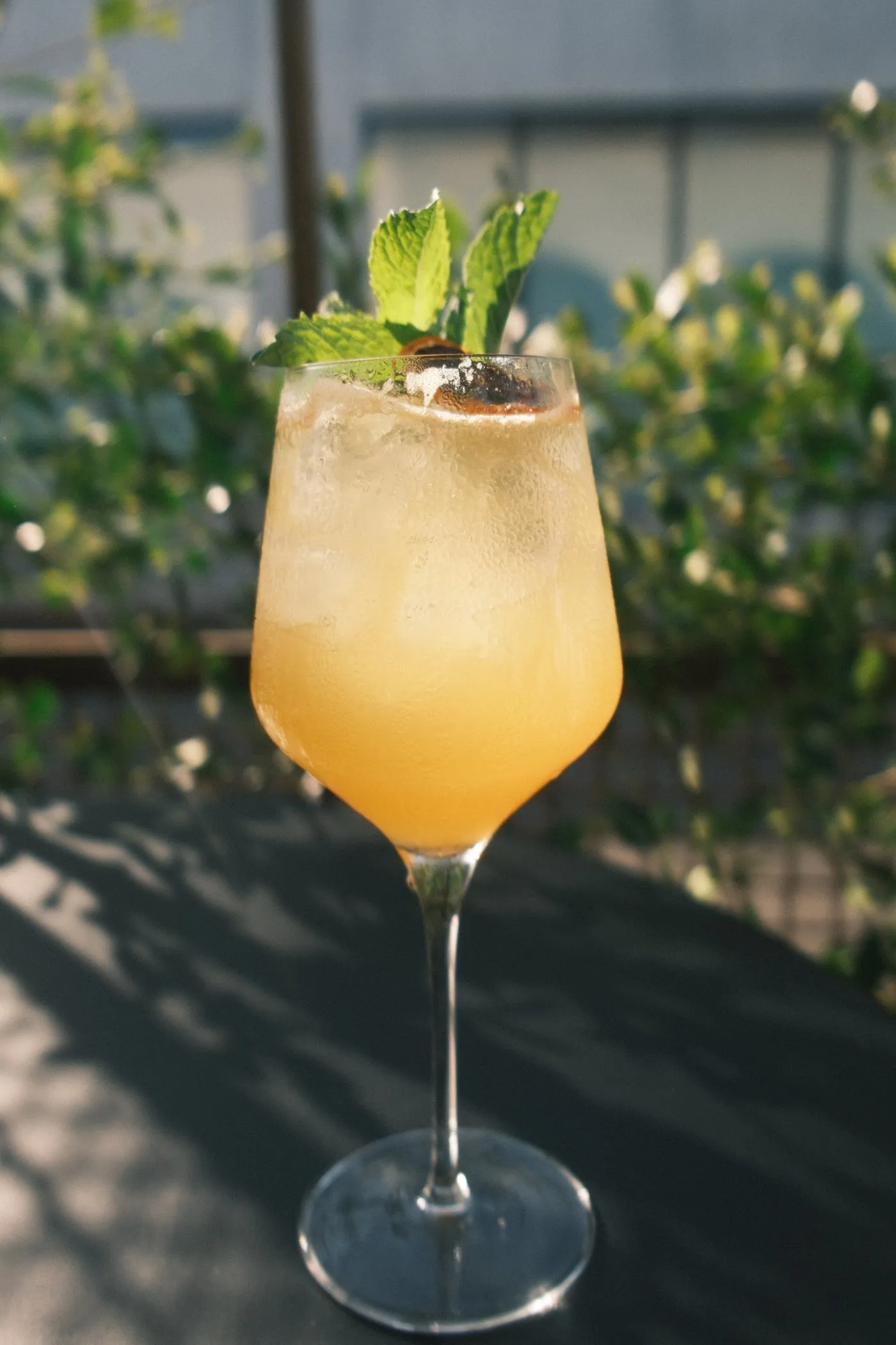 Golden spritz with fresh mint on the patio at aperitivo hour