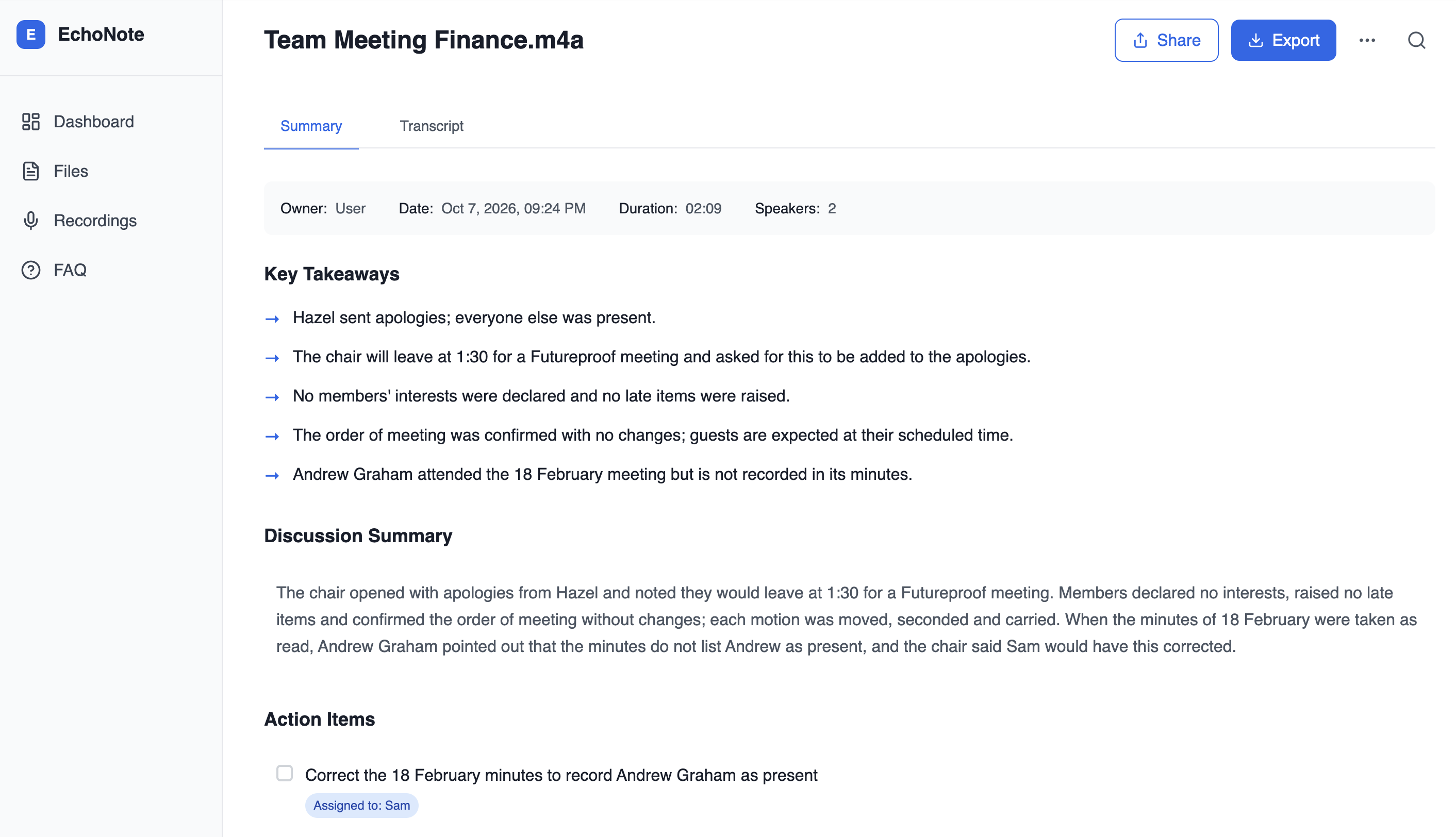 EchoNote summary view showing key takeaways, a discussion summary and action items generated from the meeting transcript.