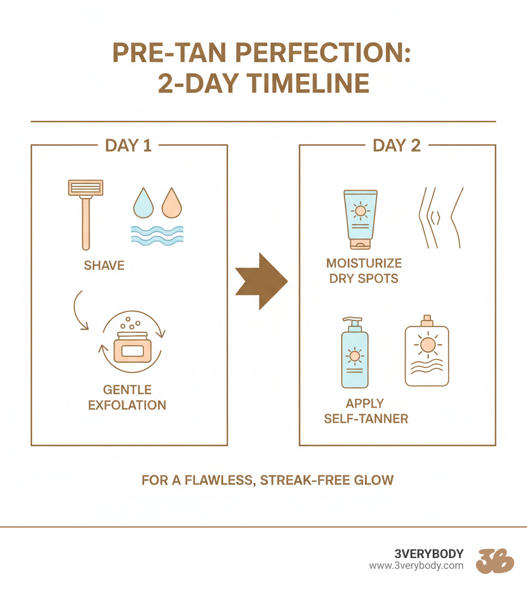 Infographic showing pre-tan exfoliation timeline: Day 1 shows shaving and exfoliating with gentle scrub, Day 2 shows moisturizing dry spots like elbows and knees, then applying self-tanner for streak-free results - exfoliate before self tan infographic 