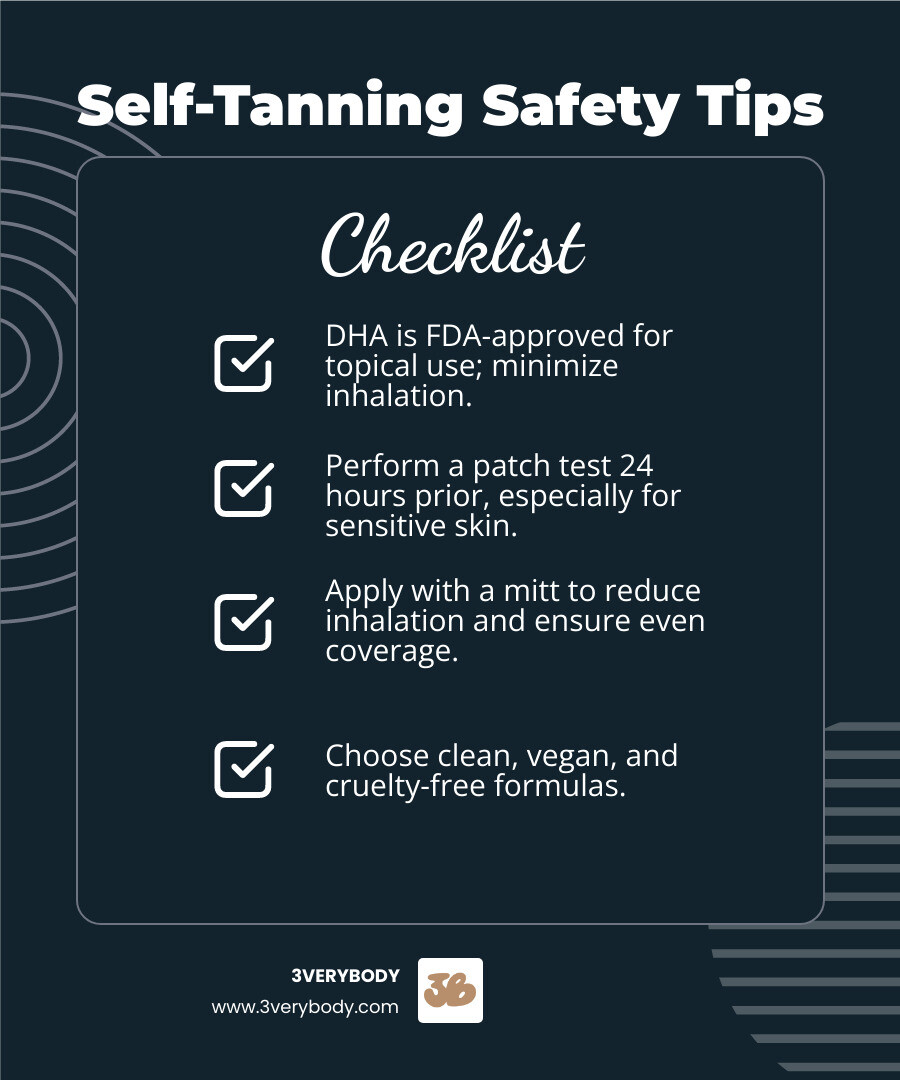 Infographic on self-tanner safety: DHA topical use, patch testing, medical recommendations, clean ingredients, vegan/cruelty-free icons - self tanning lotion infographic checklist-dark-blue Infographic on self-tanner safety: DHA topical use, patch testing, medical recommendations, clean ingredients, vegan/cruelty-free icons - self tanning lotion infographic checklist-dark-blue