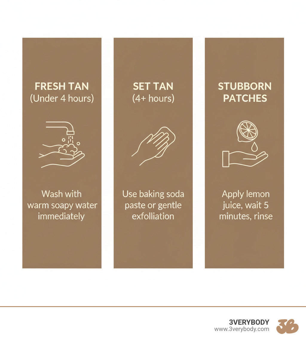 Infographic showing three sections: "FRESH TAN (Under 4 hours) - Wash with warm soapy water immediately", "SET TAN (4+ hours) - Use baking soda paste or gentle exfoliation", "STUBBORN PATCHES - Apply lemon juice, wait 5 minutes, rinse". Background in brown #B88F6C with cream text #FFF9F1, clean icons of hands, soap, and lemon - how to get fake tan off hands infographic 