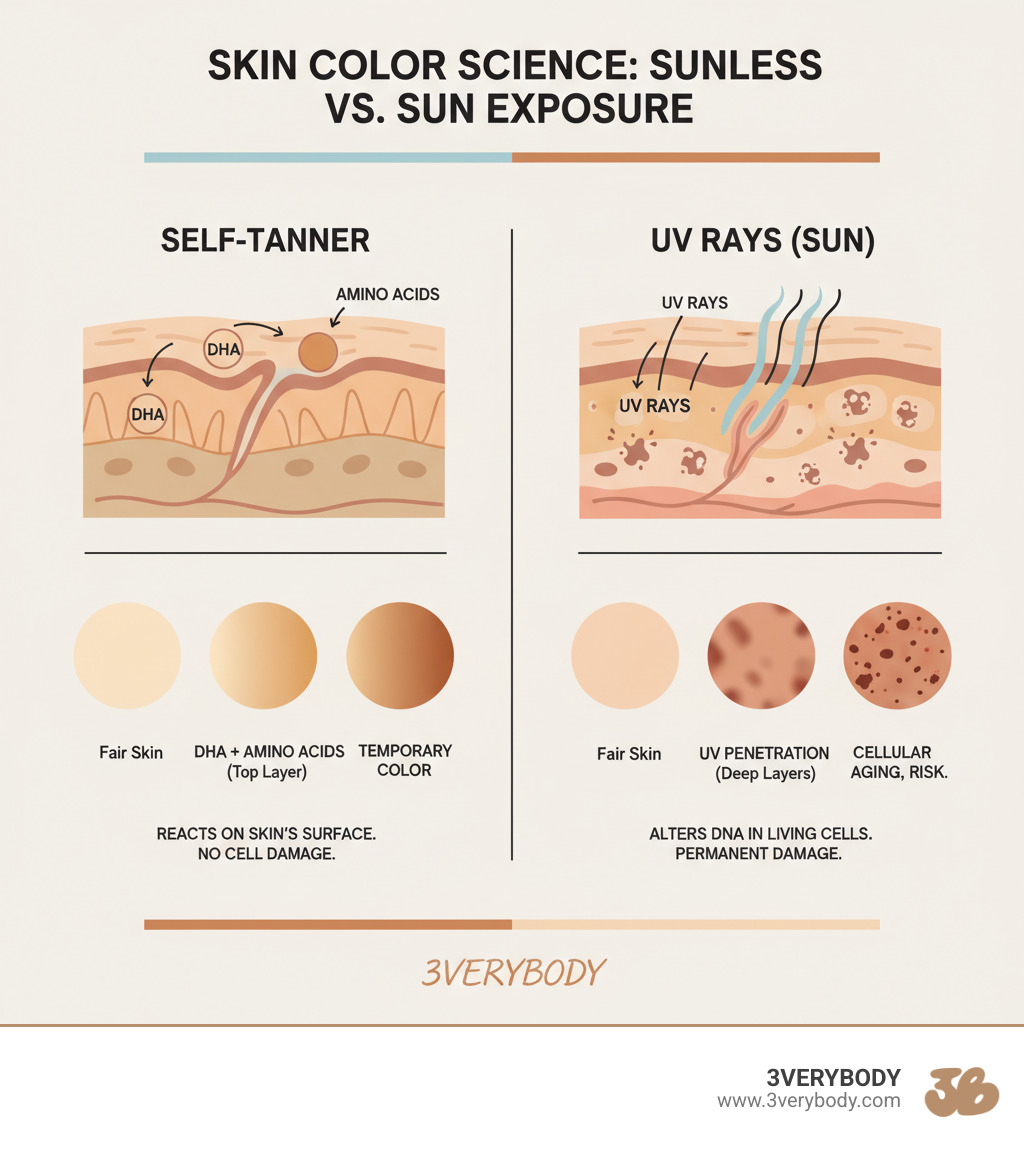Infographic showing how self-tanner works on the top layer of skin with DHA reacting to amino acids versus UV rays penetrating deeper skin layers causing cellular damage, with fair skin tone examples and color outcomes - self tan fair skin infographic 
